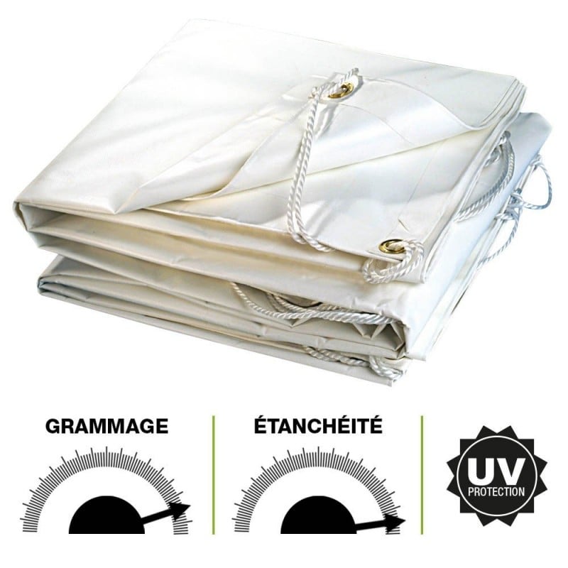 Bâche de protection étanche PVC blanche 300 g / m² : 2x3, 3x5 et 5x8 m