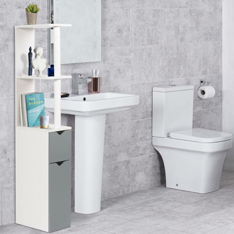 Meuble WC effet bois avec 2 portes grises (3)
