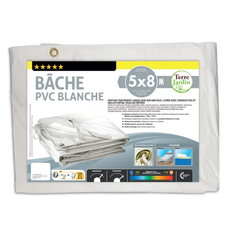 Bâche de protection étanche PVC blanche 300 g / m² : 2x3, 3x5 et