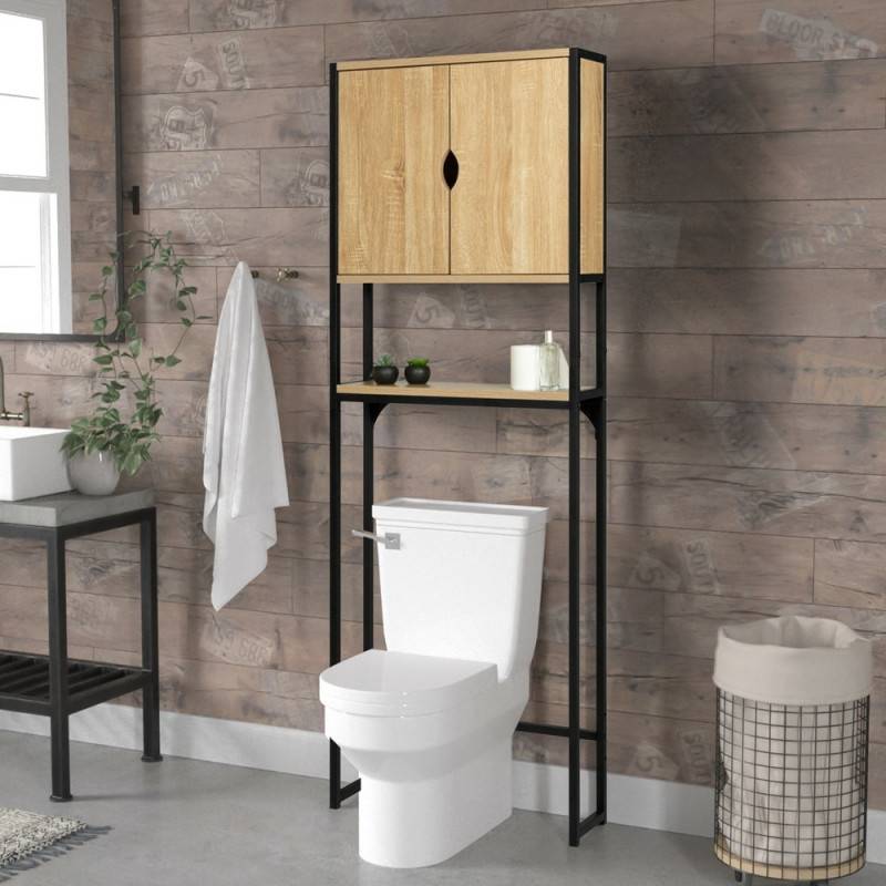 Meuble étagère pour WC et salle de bain effet bois et métal (5)