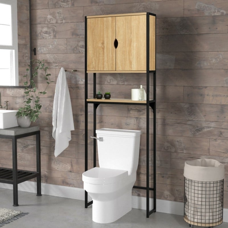 Meuble WC étagère bois WILLY 2 portes blanc et gris