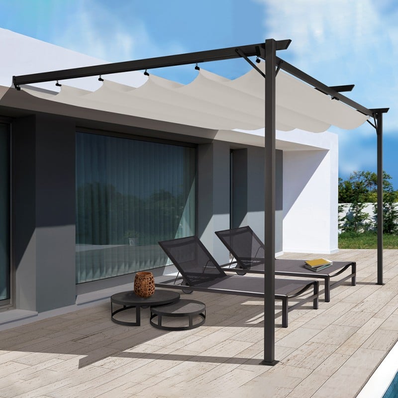 Pergola adossée 3 x 4 m avec toile rétractable écrue