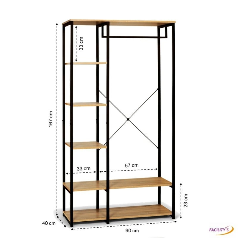 des étagères en bois et des porte-cintres métalliques