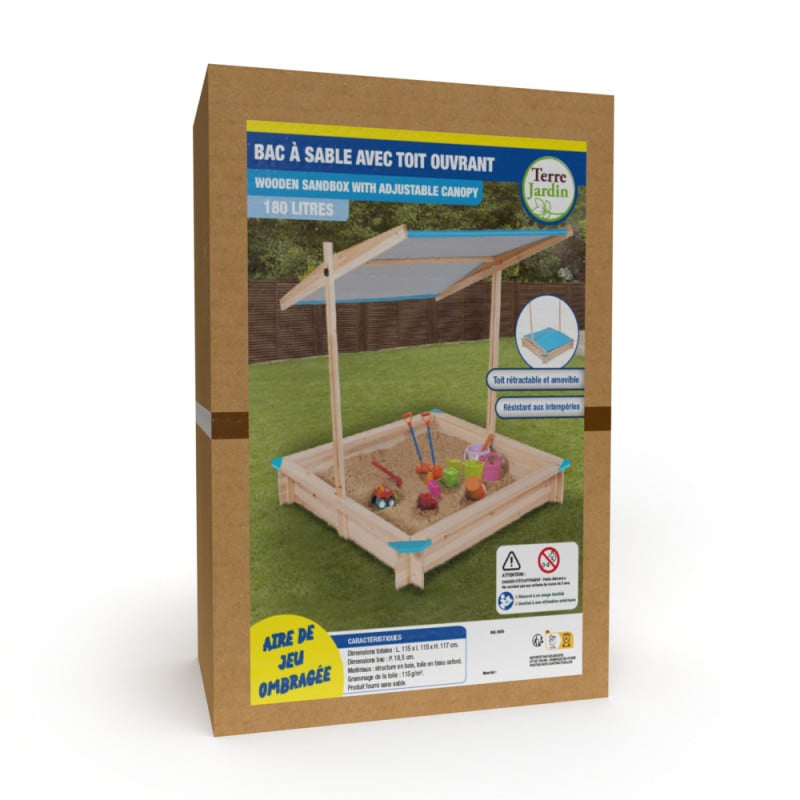Bac à sable en bois avec toit réglable "Sandyfun" 115x115 cm (3)
