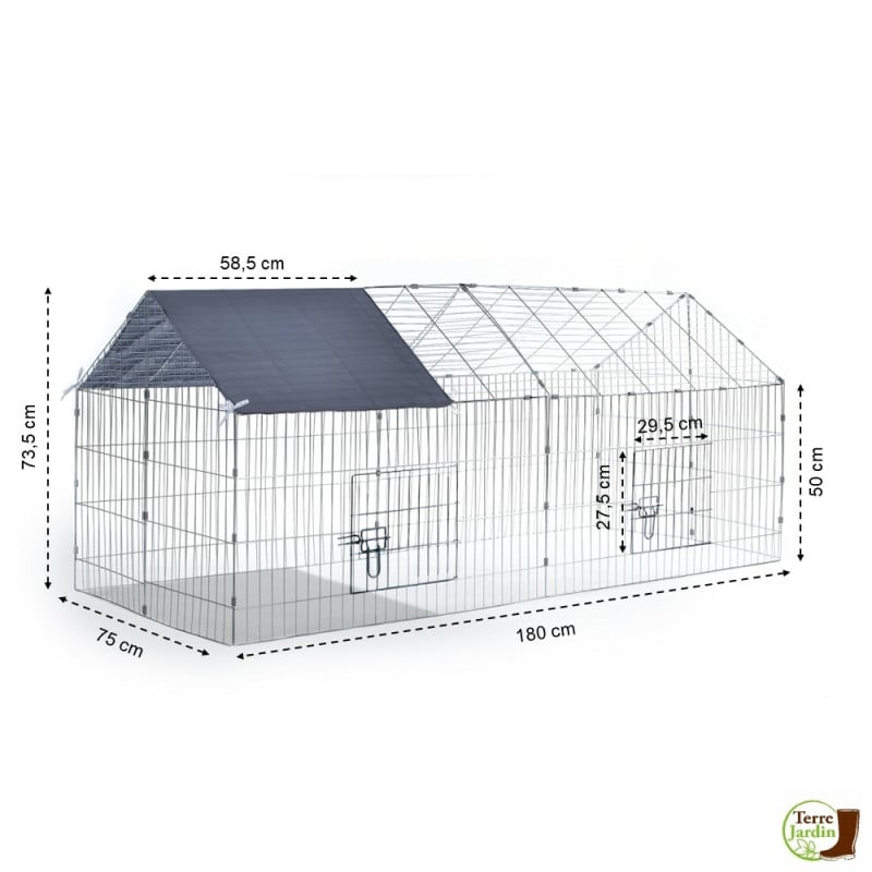 Cage enclos extérieur grillagé 75x180cm pour lapin, cochon d'inde, cobaye... (1)