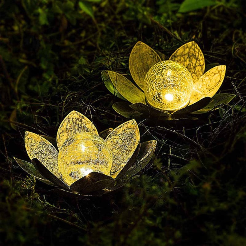 Lampe solaire jardin lumière rétro, LED fleur de lotus patio lumière  résistant aux intempéries verre craquelé, métal, LED, LxPxH 25x25x10 cm,  lot de 2