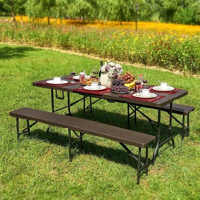 Lot table pliante 8 personnes "effet bois" + 2 bancs 4 pers (5)