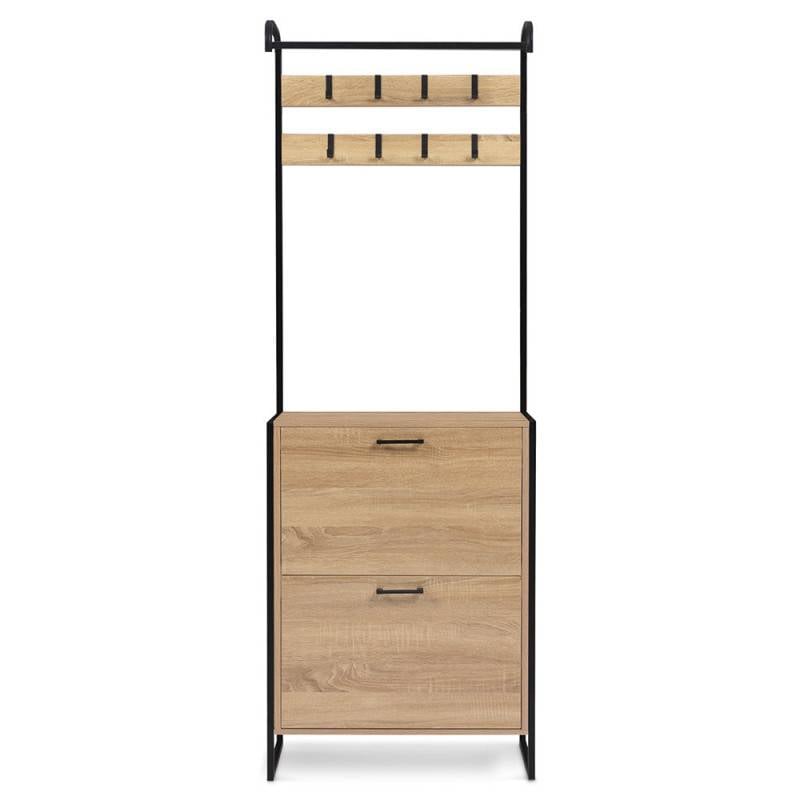 Vestiaire d'entrée avec porte manteau et range chaussures effet bois et métal