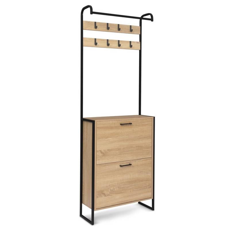 Vestiaire d'entrée avec porte manteau et range chaussures effet bois et métal