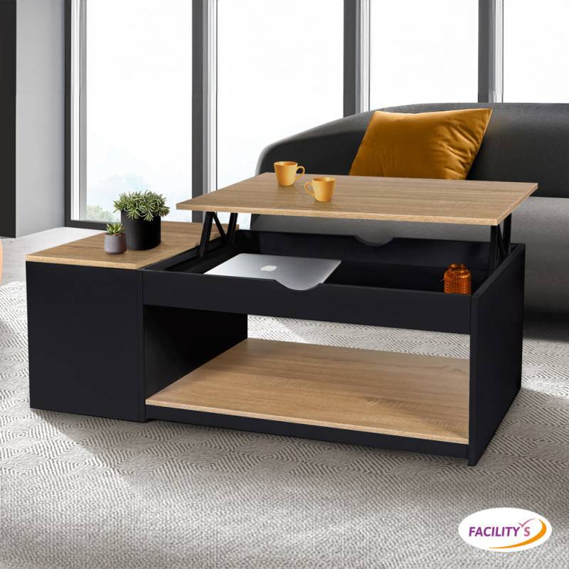 Table basse avec plateau relevable effet bois - style industriel