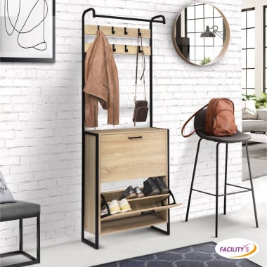 Vestiaire d'entrée avec porte manteau et range chaussures effet bois et métal