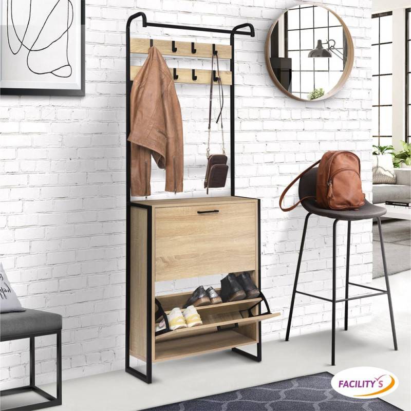 Vestiaire d'entrée avec porte manteau et range chaussures effet bois et métal