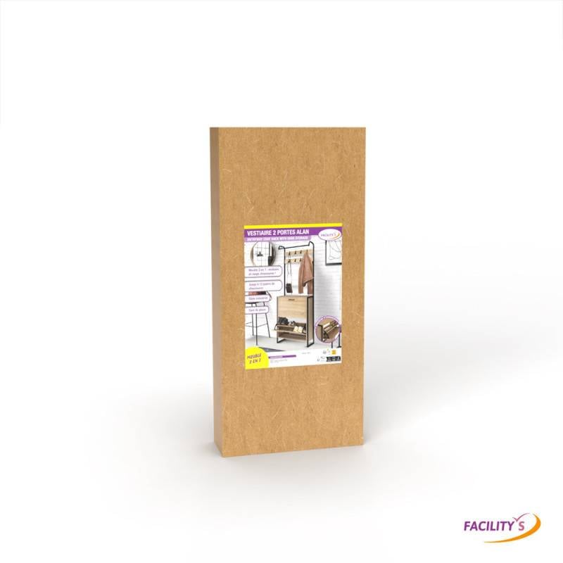 Vestiaire d'entrée avec porte manteau et range chaussures effet bois et métal