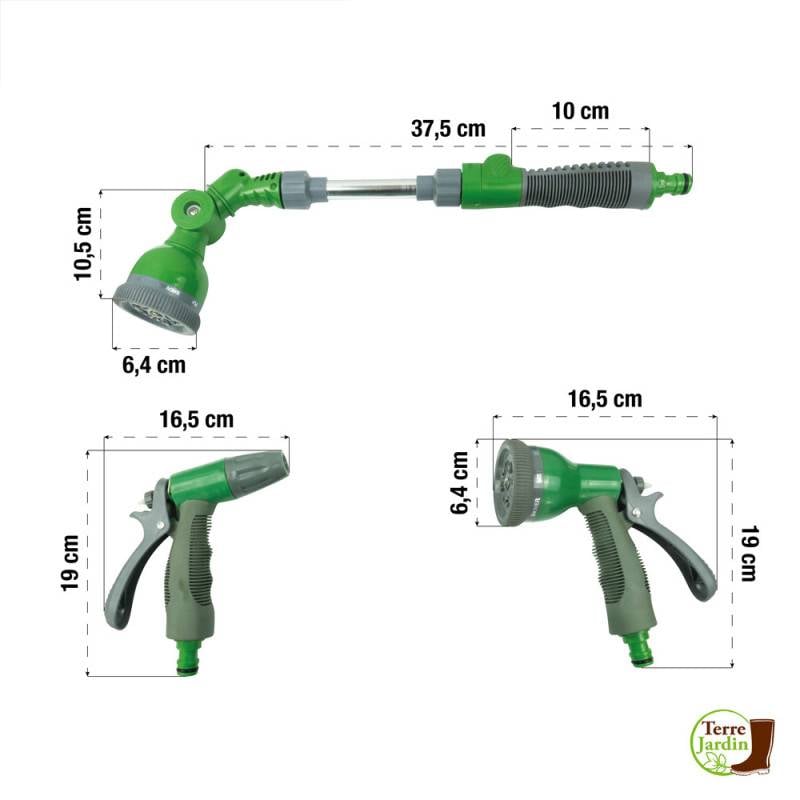Kit d'arrosage avec pistolets, lance et raccordements tuyau 15 mm et 19 mm