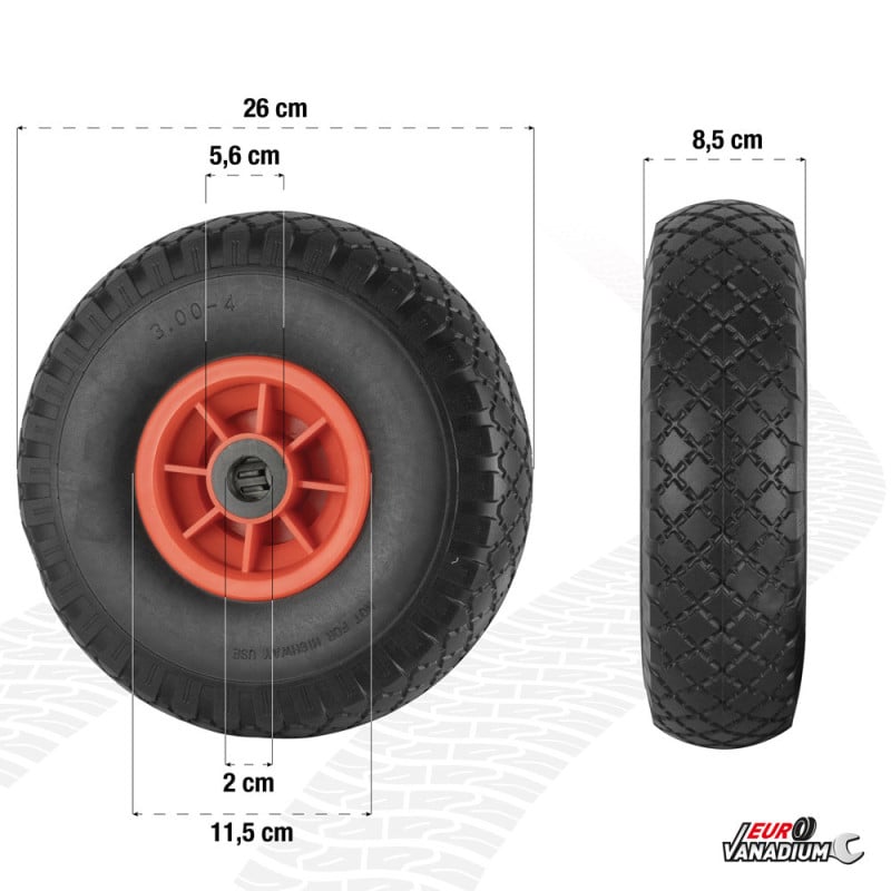 Roue increvable 260 mm  3.00 4  avec axe central et alésage 20 mm pour diable et chariot