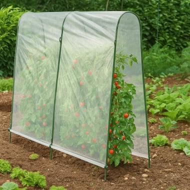 Serre à tomates avec bâche Shopix mise en situation dans un jardin potager