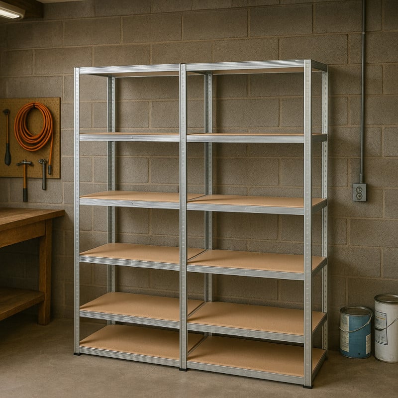 Étagère garage métallique 5 niveaux 180×180 cm : Robuste, modulable, montage facile par clips sans vis