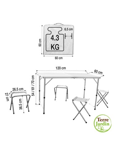 Table de camping légère et pratique avec 4 tabourets inclus