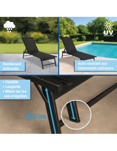 Transat de jardin inclinable noir , toile textilène – Résistant et élégant