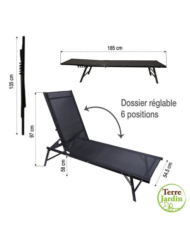 Transat de jardin inclinable noir , toile textilène – Résistant et élégant