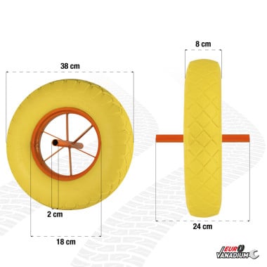 Roue de brouette pleine increvable diamètre 360 mm avec axe diamètre 20 mm