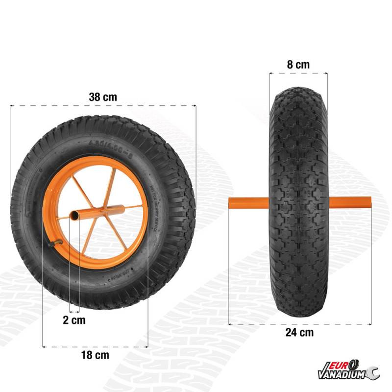Roue de brouette gonflée diamètre 380 mm avec axe diamètre 20 mm