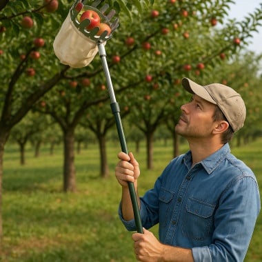 Cueille fruits avec manche télescopique en situation dans un verger