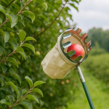 Gros plan sur un cueille fruits avec manche télescopique dans un verger