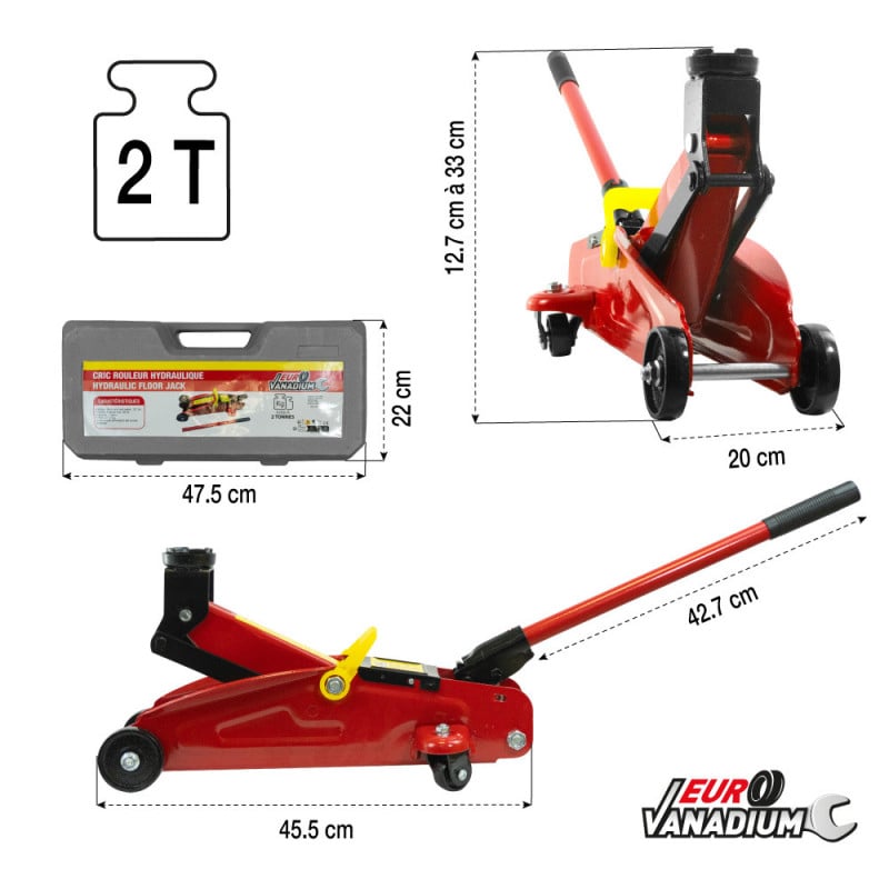 Cric rouleur hydraulique 2 tonnes avec mallette