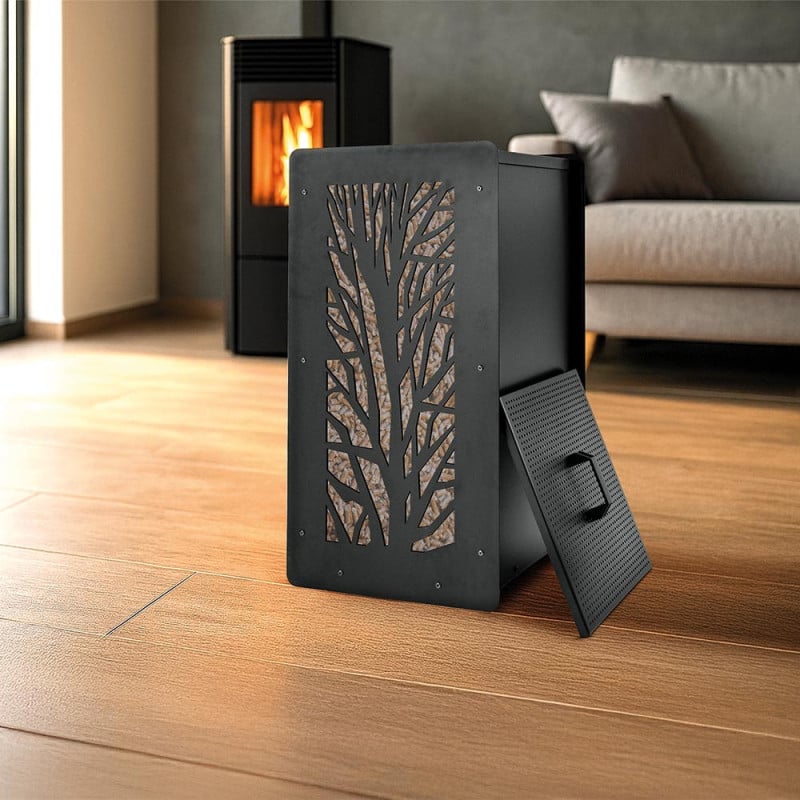 Réservoir à granulés design 55 kg noir en acier avec tamis et roulettes