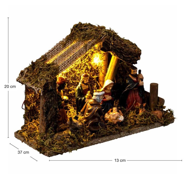 Crèche de Noël traditionnelle avec LED - 20x13 cm en résine et bois Crèche de Noël traditionnelle avec LED - 20x13 cm en résine et bois