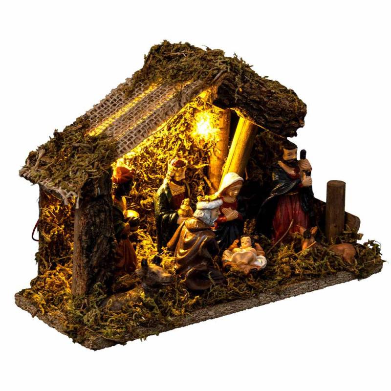 Crèche de Noël traditionnelle avec LED - 20x13 cm en résine et bois