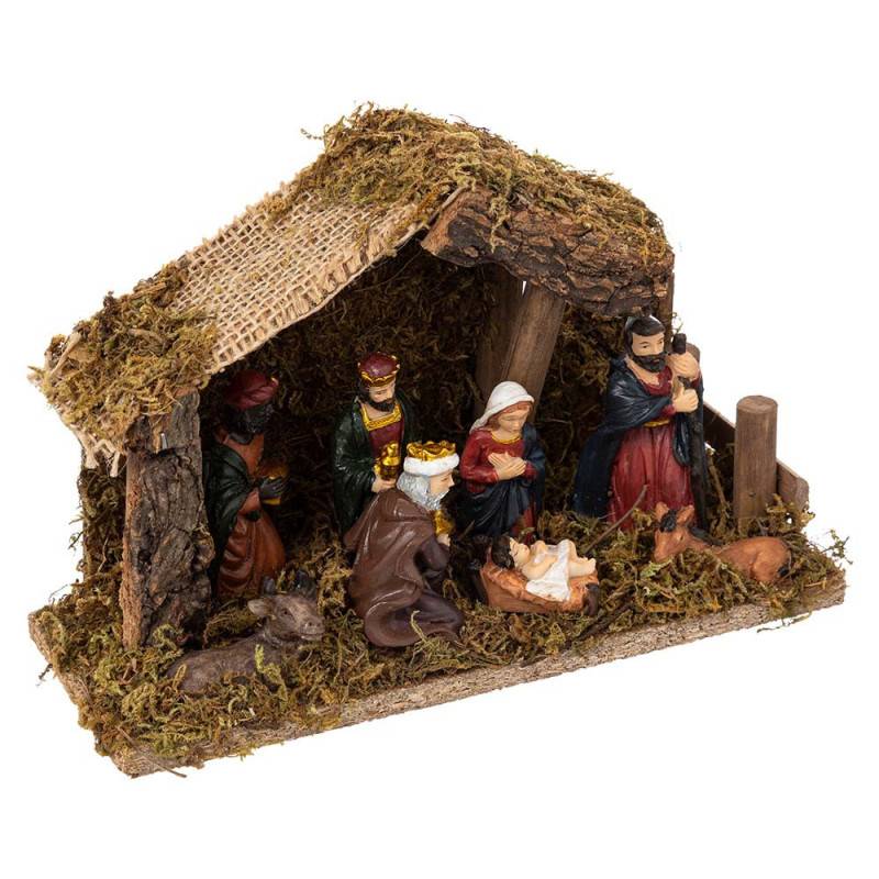 Crèche de Noël traditionnelle avec LED - 20x13 cm en résine et bois