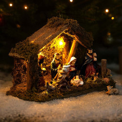 Crèche de Noël traditionnelle avec LED - 20x13 cm en résine et bois