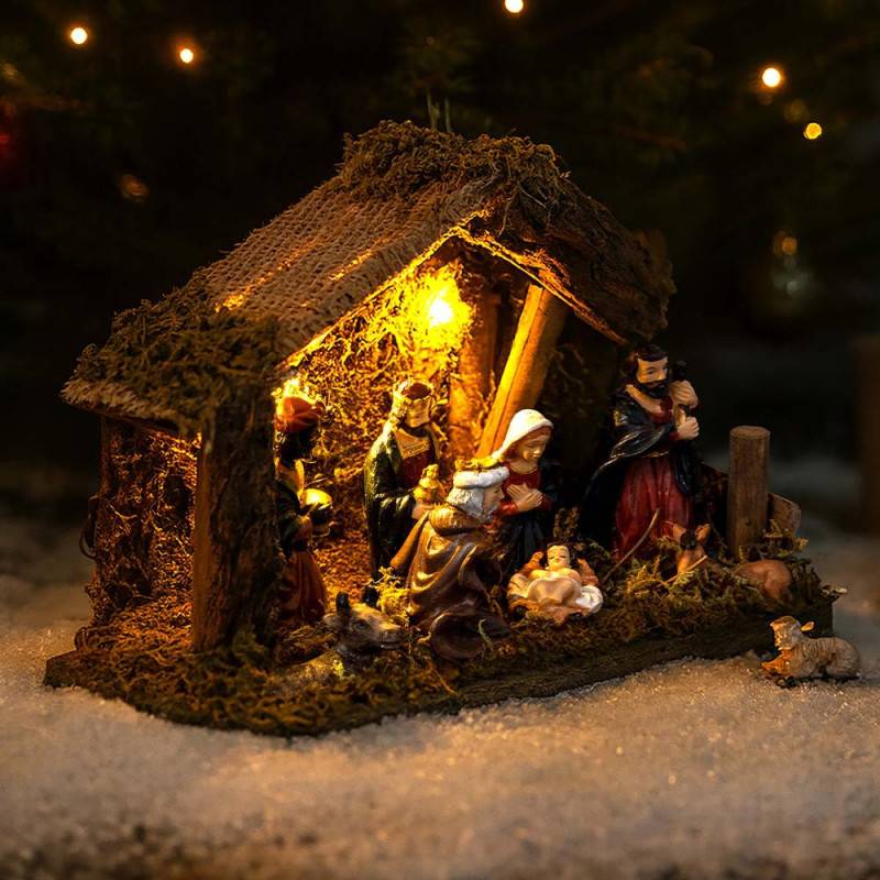Crèche de Noël traditionnelle avec LED - 20x13 cm en résine et bois