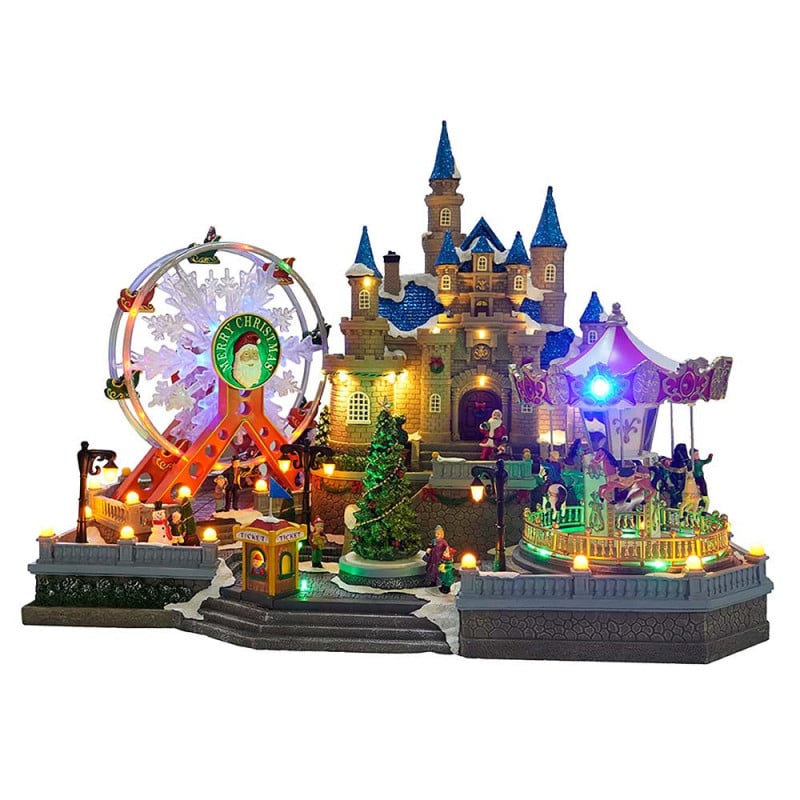 Village de Noël animé et lumineux château et fête foraine