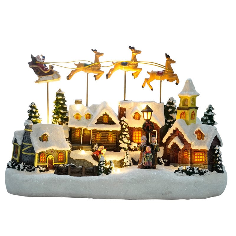 Village de Noël avec traîneau volant - animé à piles et lumineux