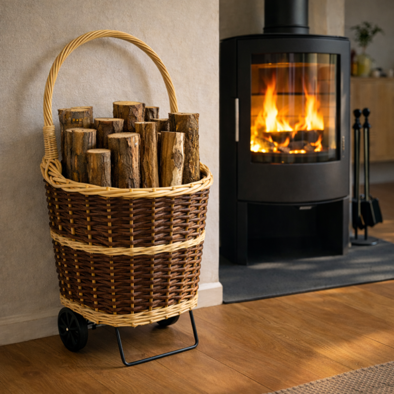 Chariot en osier porte bûches pas cher