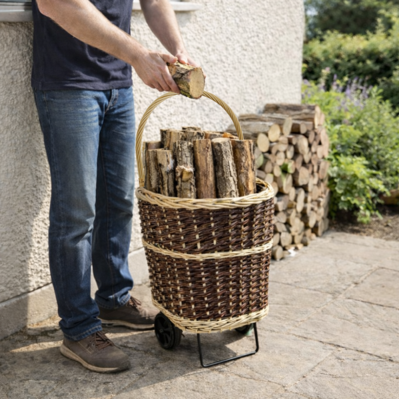 Chariot en osier porte bûches pas cher