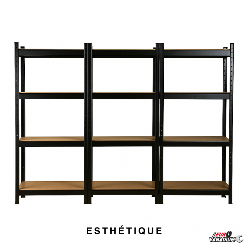 Triple étagère charges lourdes en métal, 2m10 de linéaire, 12 plateaux