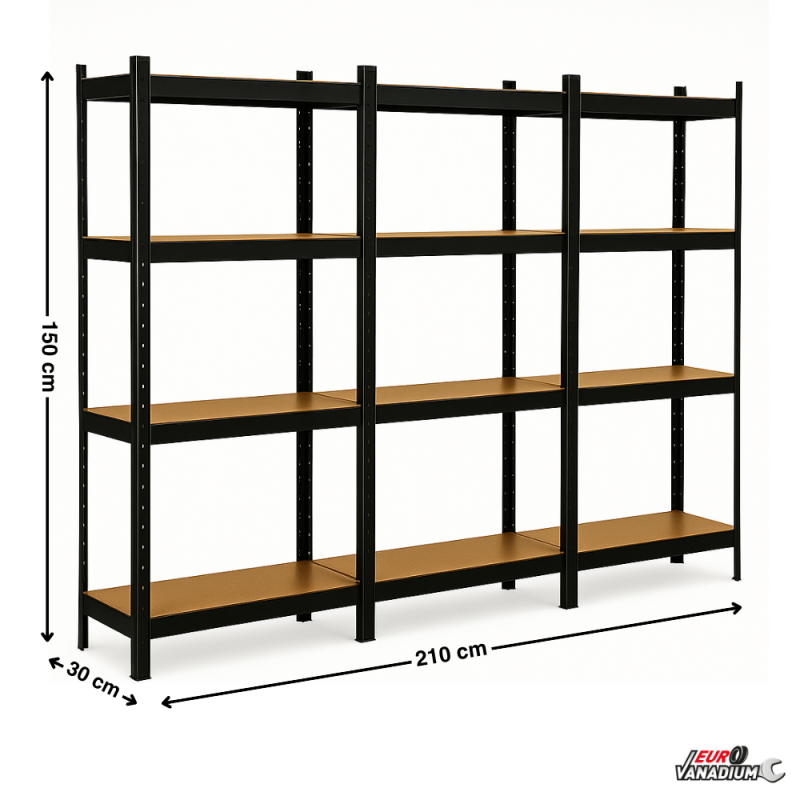 Triple étagère charges lourdes en métal, 2m10 de linéaire, 12 plateaux