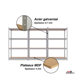 Triple étagère charges lourdes en métal, 2m10 de linéaire, 12 plateaux