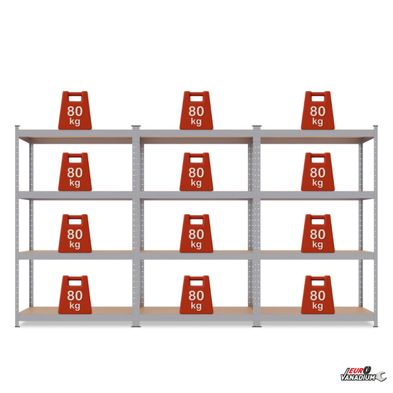 Triple étagère charges lourdes en métal, 2m10 de linéaire, 12 plateaux