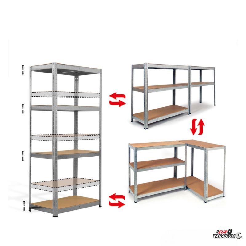 Triple étagère charges lourdes en métal, 2m10 de linéaire, 12 plateaux