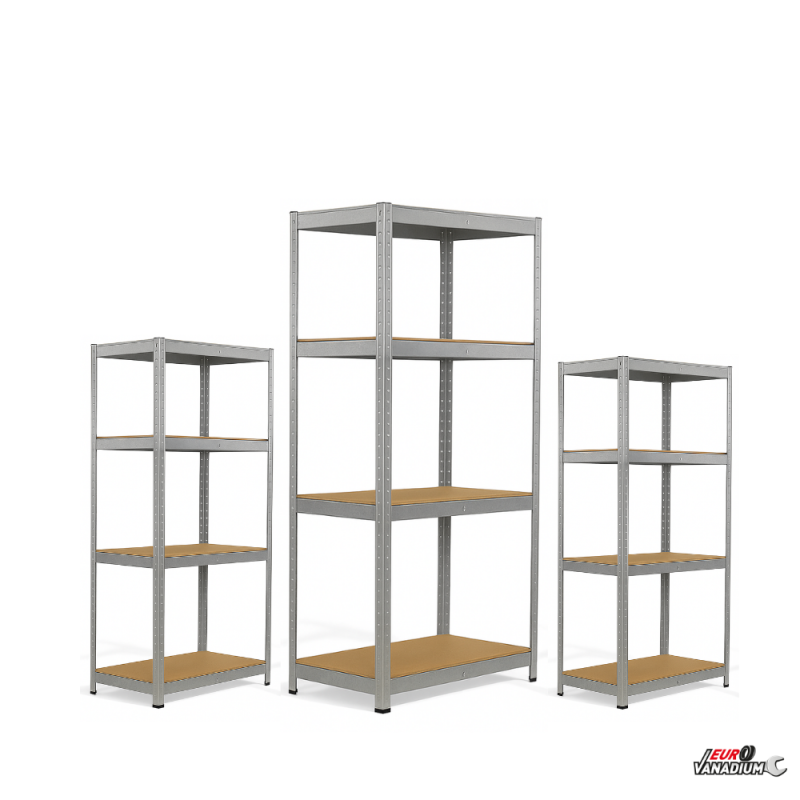 Triple étagère charges lourdes en métal, 2m10 de linéaire, 12 plateaux