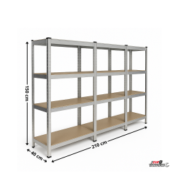 Triple étagère charges lourdes en métal, 2m10 de linéaire, 12 plateaux