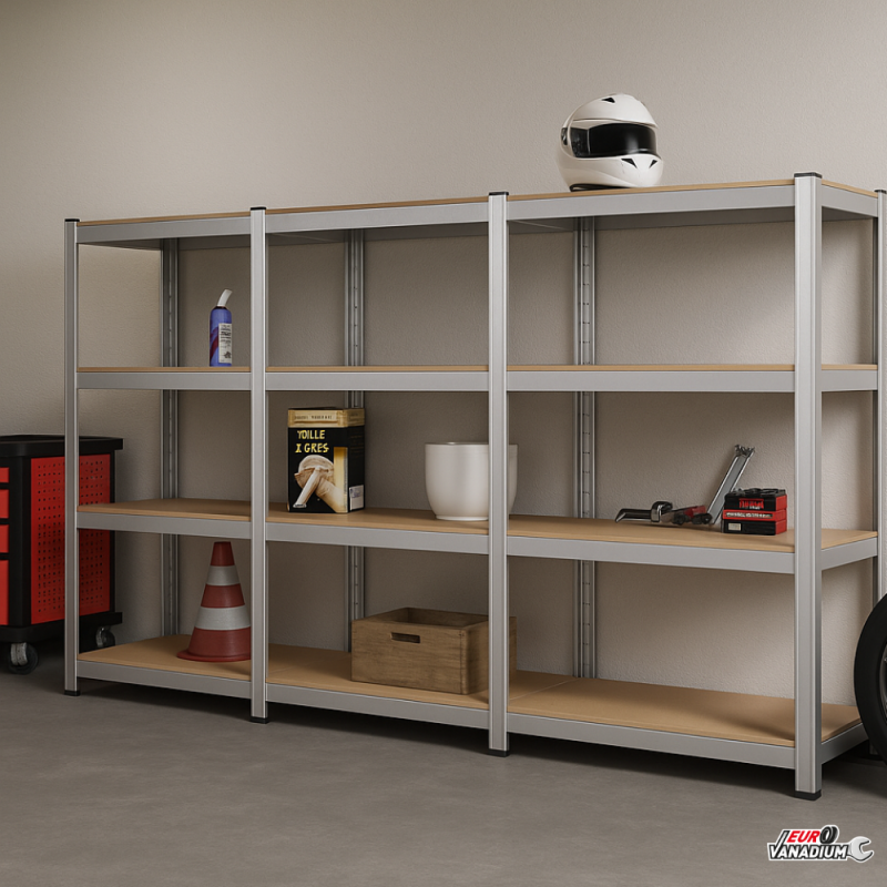 Triple étagère charges lourdes en métal, 2m10 de linéaire, 12 plateaux