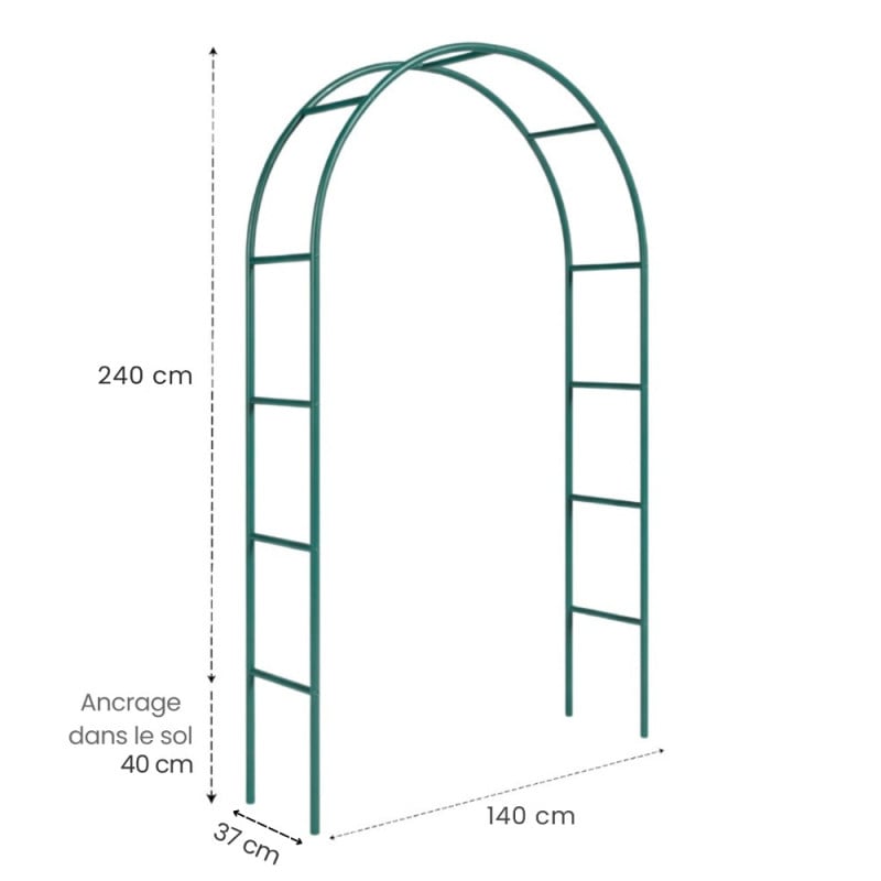 Lot de 2 arches de jardin en métal vert 240 x 140 cm pour plantes grimpantes