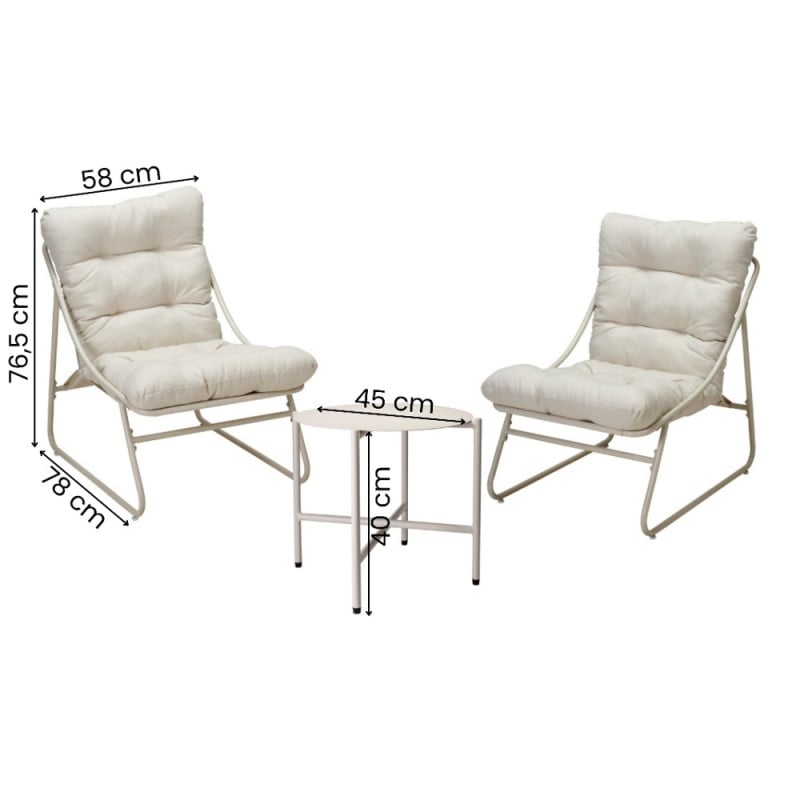 Salon de jardin 3 pièces en acier crème - 2 chaises relax avec table