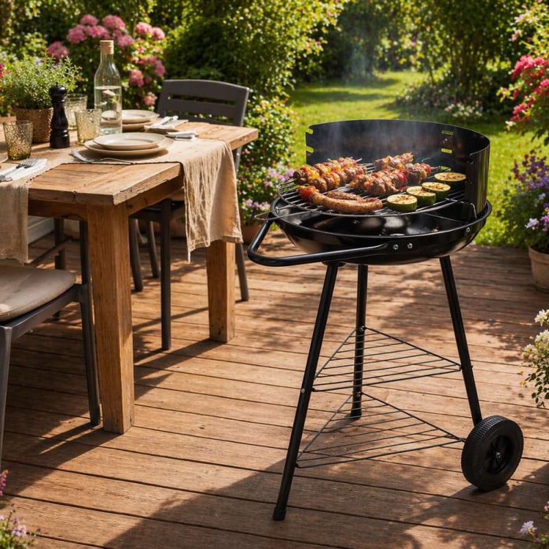 Barbecue charbon acier noir cuve 38 cm avec roues 68 cm